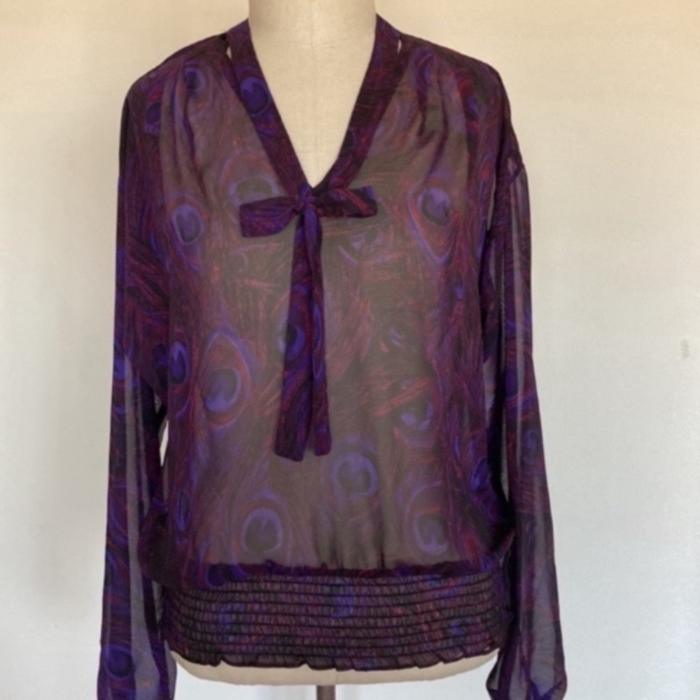 MICHAEL Michael Kors peacock printed sheer top, ties at neckline, S